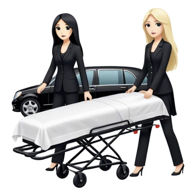 Two woman with long hair. One has black hair and one is blond. They have black pants suits on. And they are pushing a funeral stretcher in to a black Mercedes Vito funeral car. On the stretcher is a body covered in white sheets sticker