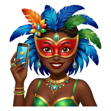 i need the same girl in "dark skin girl, dark red lipstick, nails very beautiful" to be smiling in "carnival mas costume, blue, green and orange preferably, full costume feathers at the back" she is to be smiling and happy with a phone in her hand taking a pico  sticker