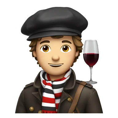 a french guy with a beret, black and white striped clothes, a red scarf and a baguette on his back and a glass of red wine sticker