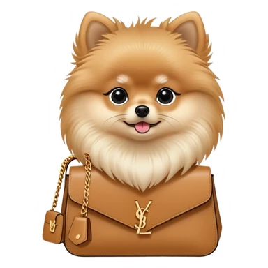 Pomeranian with a ysl bag sticker