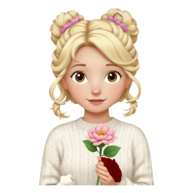 blonde hazel eyes girl holding a flower with a white cable knit sweater and a curly messy bun with tendrils of hair flowing down her face and she is happy pale, some freckles, blush sticker