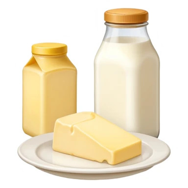 A bottle of milk with a brown cap on the right and a piece of butter on a plate on the left sticker