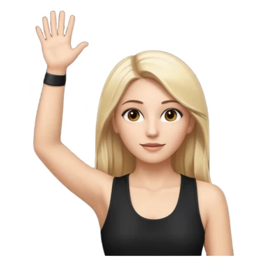 I want a white female dj animated gif emoji with long straight centre parting blonde hair, brown eye brows and putting hands up in the air. Wearing a black tight top with no sleeve sticker