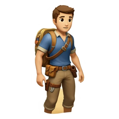 An icon representing an adventure game, inspired by titles like Uncharted 4. The design features a rugged explorer navigating through ancient ruins, with treasure maps and mysterious artifacts. A dynamic background of lush landscapes and perilous terrain highlights. Transparent background sticker