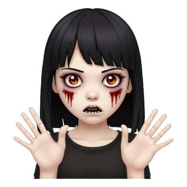 uma menina zumbi com cabelo preto e liso e uma franja. ela tem um estilo meio emo e com as mãos para frente com uma cara assustadora  sticker
