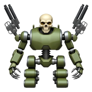 four-armed skull-headed tank mech with four mechanical arms with guns, skull head with cables, tank tread lower body, aggressive expression, shiny metal with minimal color accents, preserve all proportions, pose, and details, apple emoji style motorcycle  sticker