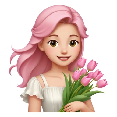  A girl Squint your eyes and smile with a half-up half-down hairstyle, and a white dress, enjoying the spring breeze.Holding a bundle of pink tulips sticker