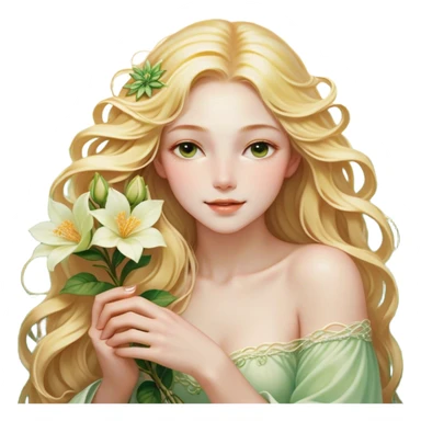 Cinematic Realistic Rapunzel Portrait, with porcelain-like skin featuring a subtle, natural glow, illuminated by soft lighting that brings out the gentle contours of her face. Her long, golden blonde hair cascades in detailed waves, each strand highlighted with a radiant shimmer as it catches the light. She playfully holds a flower in one hand, her other hand resting casually in her lap, with a warm and spirited expression. Her bright, expressive green eyes exude curiosity and warmth, framed by delicate lashes and soft, arched brows. She is dressed in her classic lavender and pink gown, the fabric textured with delicate folds that flow naturally, catching the light with a soft, radiant glow. The portrait captures a luminous, enchanting aura, seamlessly blending realism with a whimsical, fairytale charm, evoking a timeless sense of beauty and magic. sticker