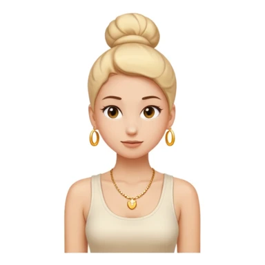clean girl aesthetic emoji, minimalist outfit white tank top, gold necklace, slick bun, glowing skin, soft beige background sticker