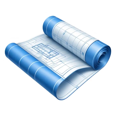 blue blueprint plan with white lines, partially rolled up, perspective view sticker