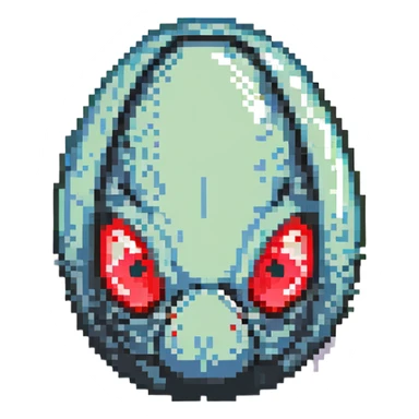 a strange large transparent alien egg, floating inside with a visible creature inside, embryo, embryonic, fetal shape, primordial, 3 glowing red eyes, illuminated from above sticker