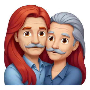 Long red hair woman and gray hair man with mustache and without wrinkles hugging sticker