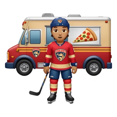 The galaxy with a with a Florida Panthers player
With a taco truck and a pizza truck with a house
With a museum behind it that has football players sticker