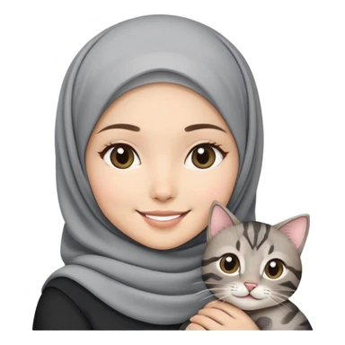 Asian white girl wearing pretty hijab holding a black grey tabby cat with smiling sticker