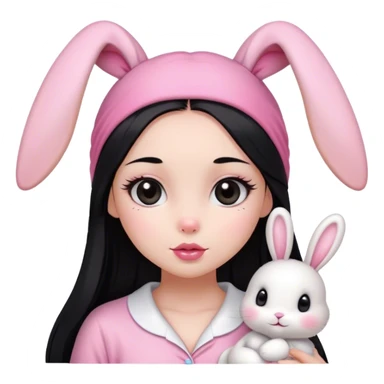 pretty girl, with straight long black hair, black eyes, long lashes, pink lips, wearing pink pajamas, and cute white bunny headband on her head and make it small sticker