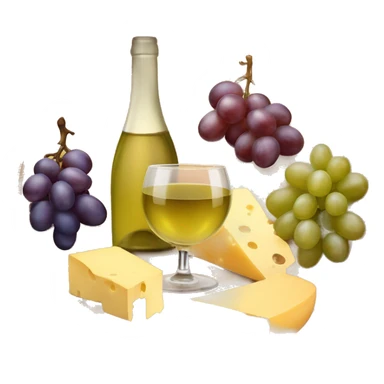 Circle wooden board with different kind of cheese, grapes and a glass of white wine sticker