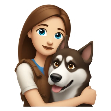 a girl with blue eyes and brown hair hugs a husky dog ​​with brown eyes sticker