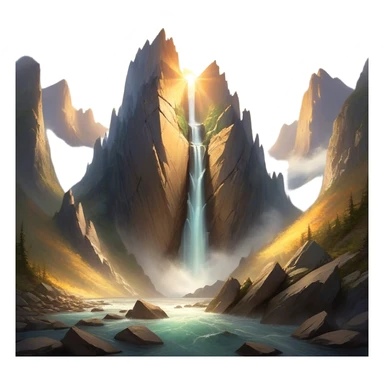 A breathtaking view of a massive mountain split perfectly in half, revealing a glowing mystical core inside. The jagged edges of the split rock are illuminated by a soft golden light emanating from the mountain's heart. The scene is set in a vast landscape with a dramatic sky filled with swirling clouds and beams of sunlight breaking through. Small waterfalls cascade from the edges of the broken mountain, creating a surreal and magical atmosphere. The surrounding environment consists of lush greenery, scattered ancient ruins, and mist rising from the depths of the split. sticker
