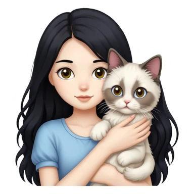A girl with long black hair holding a cute ragdoll cat sticker