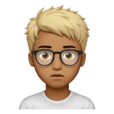 Teenager. Short buzz, messy blonde hair. Dark brown bushy eyebrows large expressive golden-brown eyes, brown skin color, scar over nose, wearing a plain white t-shirt. wearing clear thick black glasses. 20 year old male. thinking facial expression. brown skin color.  sticker