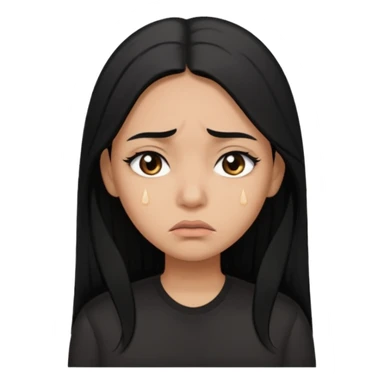 Sad crying woman with long straight black hair, brown skin tone, teardrops on face, worried eyebrows, neutral mouth sticker