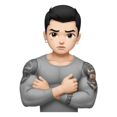 a PRETTY BRATZ boy with black hair, big biceps, full grey sleeve, crying sticker