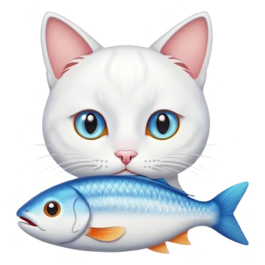 white cat with heterochromia eating fish sticker