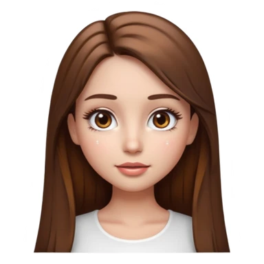 pretty cartoon girl, semi-realistic 3D emoji style, long straight brown hair, brown eyes, long eyelashes, soft glam makeup, glossy lips, smooth skin, cute aesthetic, sparkles in hair, white top sticker