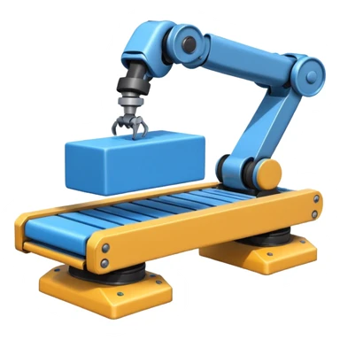 robot arm which is picking blue block on conveyor belt sticker