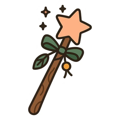 A cute and magical wand with an elegant, whimsical design, incorporating a color palette of golden orange (FA9B41), forest green (4A7C5C), soft taupe brown (96775A), and pastel peach (FFCC9A). The wand is slender and slightly curved, made of smooth wood with delicate carvings. At the top, there's a glowing gem or star in peachy tones, surrounded by tiny sparkles. Decorative elements like a ribbon, tiny leaves, or a small charm add a cozy, storybook-like charm. The overall look is gentle, enchanting, and magical, perfect for a forest fairy or a kindhearted young wizard. sticker