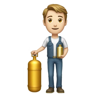 thin, white man, 1.71 tall, holding a gold gas cylinder sticker