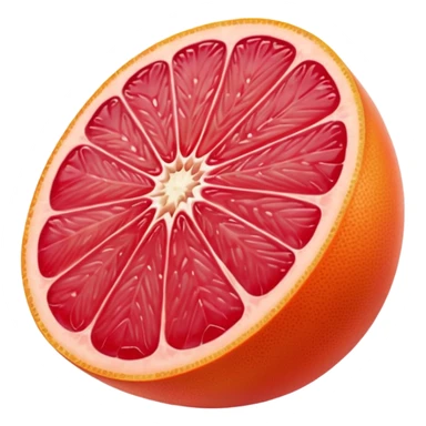 pink grapefruit with whole glossy orange-pink peel, thick wedge slice, juicy red-pink segments, moist translucent interior, clean defined segments, no leaves, no juice, no background, soft lighting, emoji scale sticker
