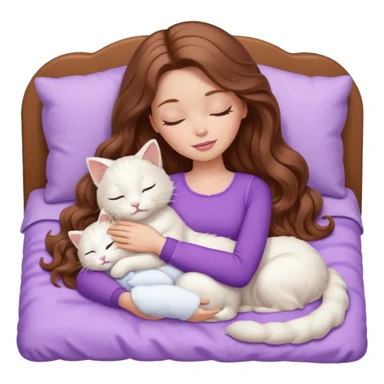 White Barbie girl  Chestnut Chestnut brown long wavy hair sleeping with white kitty at lavander bed sticker