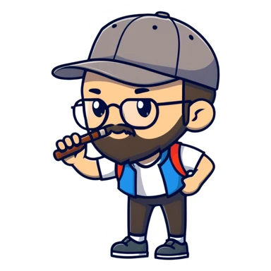 adventurer with small beard, glasses and backwards baseball cap sticker