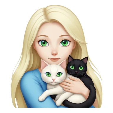 pretty woman with pale skin and blue eyes, very long blonde hair  hugging a white and black cat with green eyes sticker