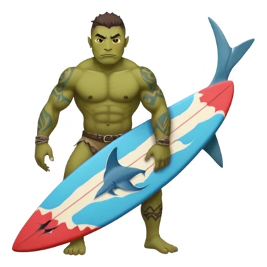 orc male holds a surfboard with a shark painted vertically in his hands sticker
