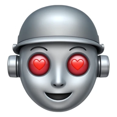 a happy robot face with heart eyes, wearing a hat sticker