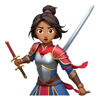 Cinematic Funny Mulan Portrait Emoji, Wearing her training armor too big, looking surprised as a sword nearly topples her over, a mix of warrior determination and hilarious inexperience, a comical yet endearing moment in her transformation! sticker