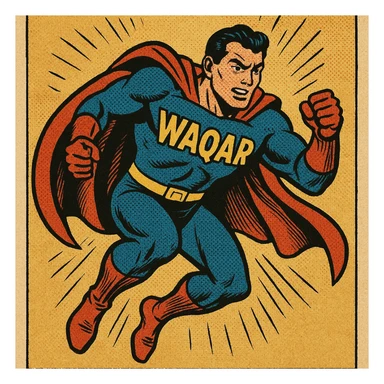superhero character with the name Waqar on the costume, dynamic pose, bold colors, comic book style sticker
