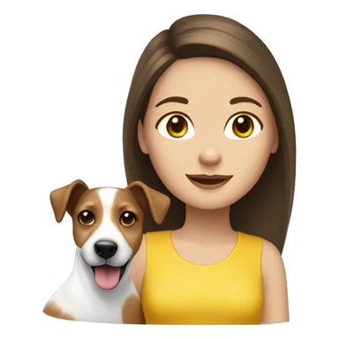 Brunette long haired white girl wearing yellow top with jack russell sticker