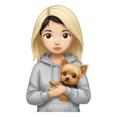 a black-haired Chinese girl in a gey hoodie with a blonde yorkie puppy sticker