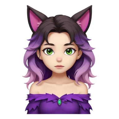 1 girl, long beautiful wavy black-brown-beige-gradients hair, vibrant and soft color palette, pointy furry ears, violet clothing, green eyes, slit pupils, young, skinny, japanese themed, pastel, dark, gloomy, edgy, shy expression, blush, (off shoulder) sticker