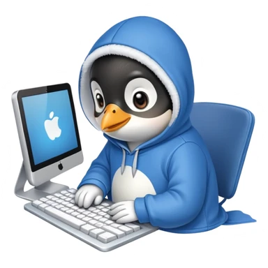 A cute penguin wearing a cozy hoodie typing on a computer keyboard sticker