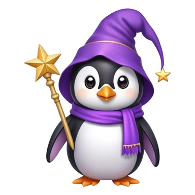 A cute penguin wearing a purple wizard hat and holding a magic wand with a star on the tip sticker