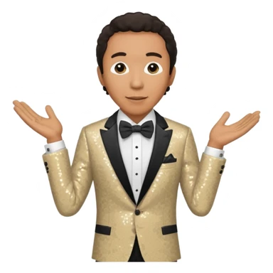Smokey Robinson with dark brown hair, beige sequin suit with bow tie sticker