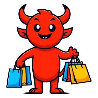 Devil character with shopping bags, excited about shopping sticker
