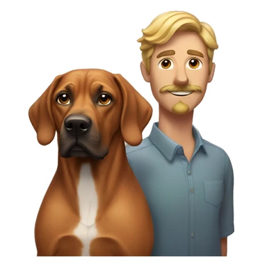 white male with long rainbow colored hair and a curled mustache standing alongside a brown rhodesian ridgeback dog sticker