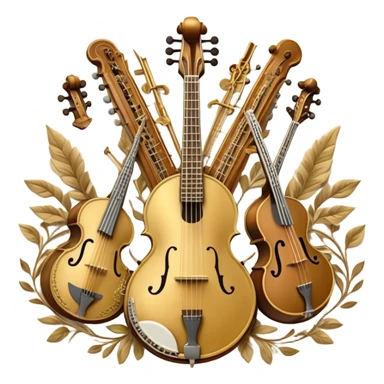 Create a grand, heraldic-style emoji collage representing plucked string instruments. The design should resemble a majestic emblem, featuring a collection of iconic instruments such as a banjo, mandolin, domra, sitar, and other plucked string instruments. Arrange the instruments symmetrically, with their necks and strings intertwining gracefully like a coat of arms. A flowing ribbon of musical notes should elegantly weave through the instruments, creating a sense of harmony and movement. The emblem should have a luxurious, golden and bronze color palette with intricate decorative elements, adding depth and a professional touch. Subtle lighting effects should highlight the polished wood and metal strings of the instruments. The background should be transparent, making the design adaptable for various uses sticker
