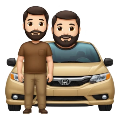 Emoji style illustration of a bearded, chubby man with dark hair, standing next to a black Honda Civic. Cute, detailed, and colorful emoji design. sticker