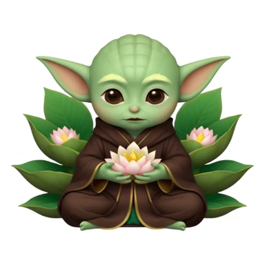 Baby Yoda con su tunica chocolate oscuro sentado dentro de una flor de loto estilo chino sticker